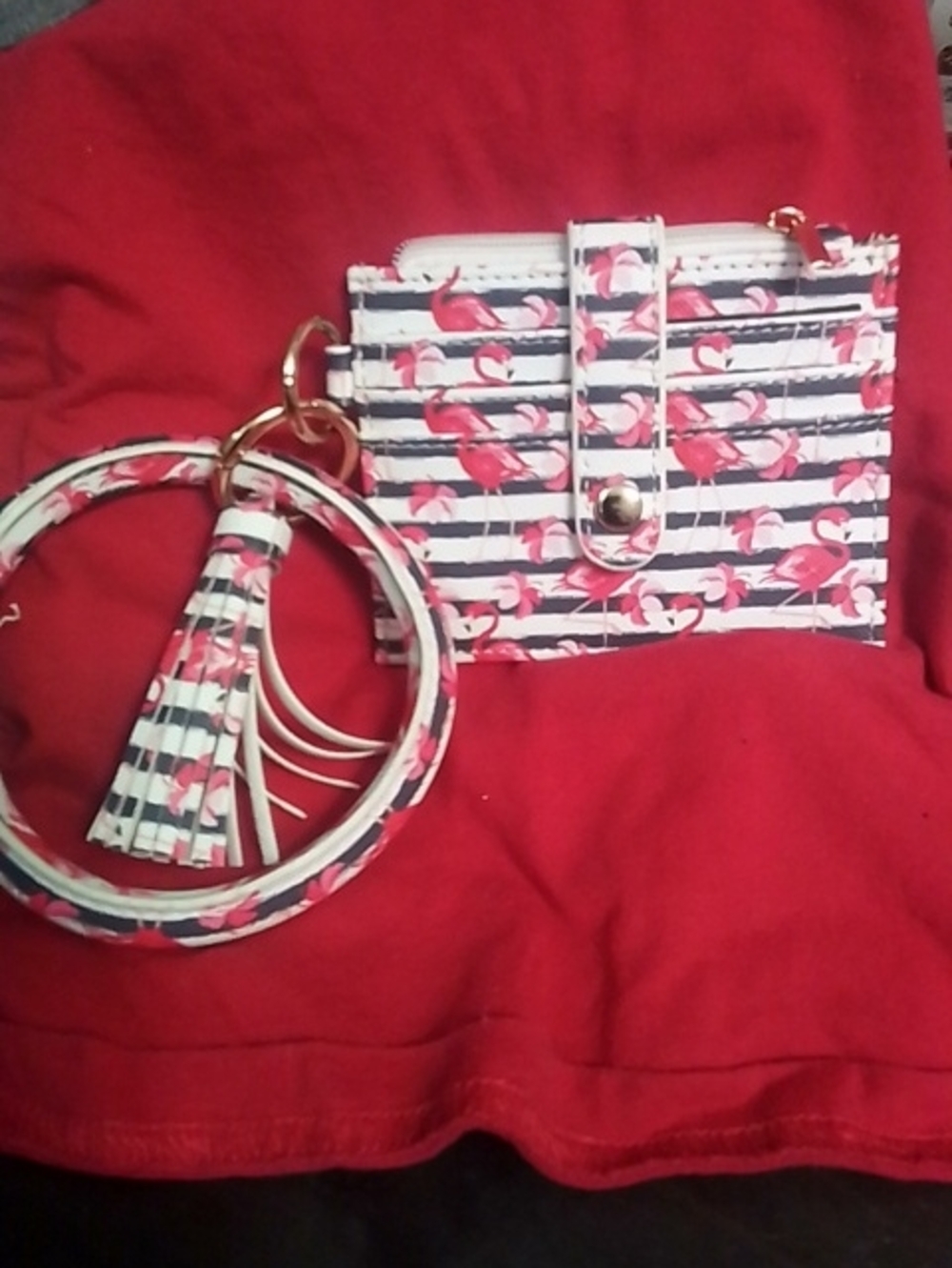 Striped Flamingo Card Holder with Tassel Keyring - Pink